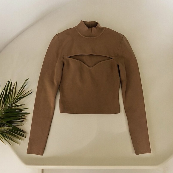 Babaton Tops - Aritzia Babaton Abbott Sculpt Knit Longsleeve Rib Knit Cutout Top Constant Camel